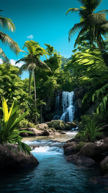 vista panoramica di una cascata in una giungla tropicale con palme ai generative