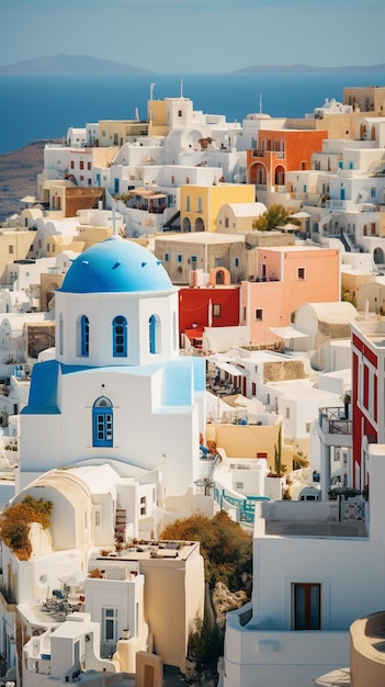 vista panoramica di una chiesa bianca e blu con una cupola blu ai generativa