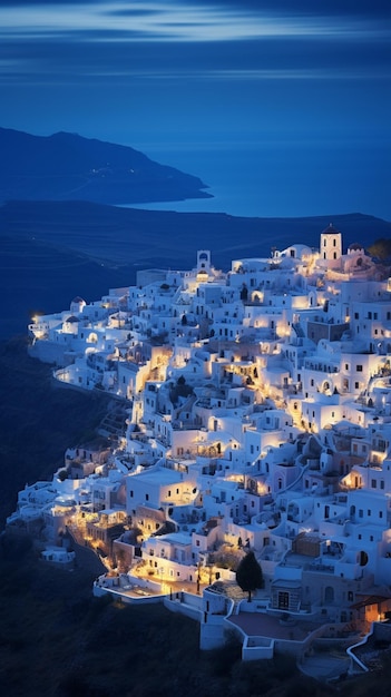 vista panoramica di una città illuminata di notte con una montagna sullo sfondo ai generativa