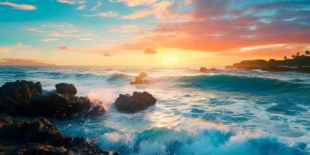 Vista panoramica di una costa con una serie di onde che si infrangono verso la riva mostrando il movimento ritmico dell'oceano. IA generativa