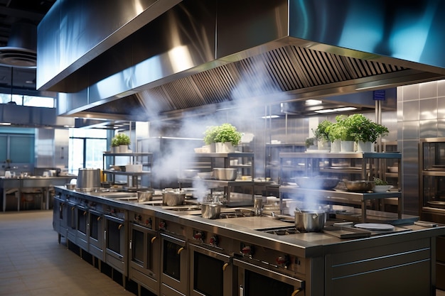 vista panoramica di una cucina con molte attrezzature per cucinare ai