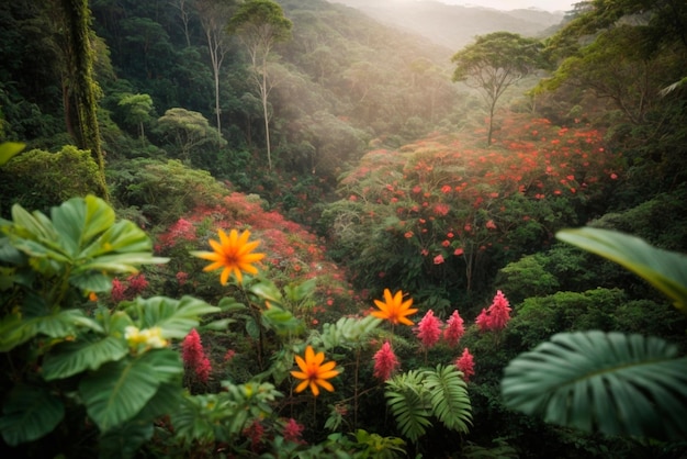 Vista panoramica di una fitta foresta tropicale con una varietà di fiori esotici in fiore