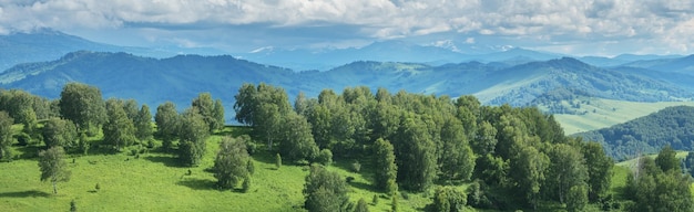 Vista panoramica di una giornata estiva in montagna prati verdi pendii e colline