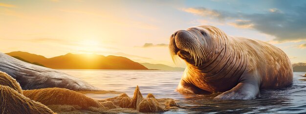 Vista panoramica di una mucca marina di Steller estinta che si riposa sulla spiaggia