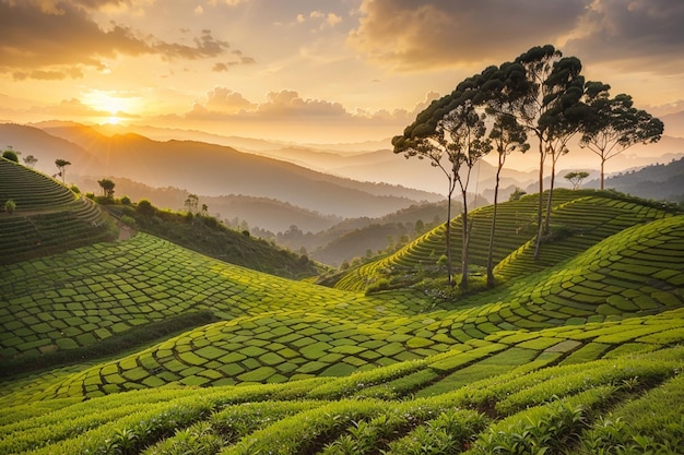 Vista panoramica di una piantagione di tè al tramonto munnar kerala state india