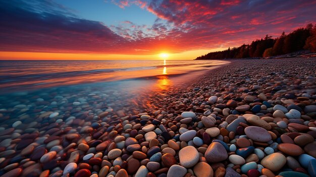 vista panoramica di una spiaggia con rocce e acqua al tramonto ai generativa