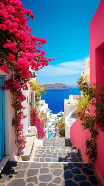 vista panoramica di una strada stretta con una porta blu e fiori rosa ai generativa