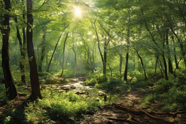 Vista panoramica di una tranquilla radura della foresta con la luce del sole che filtra attraverso il baldacchino