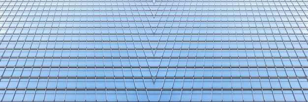 Vista panoramica e prospettica sul lato inferiore dei grattacieli in acciaio vetro blu, concetto aziendale di architettura industriale di successo