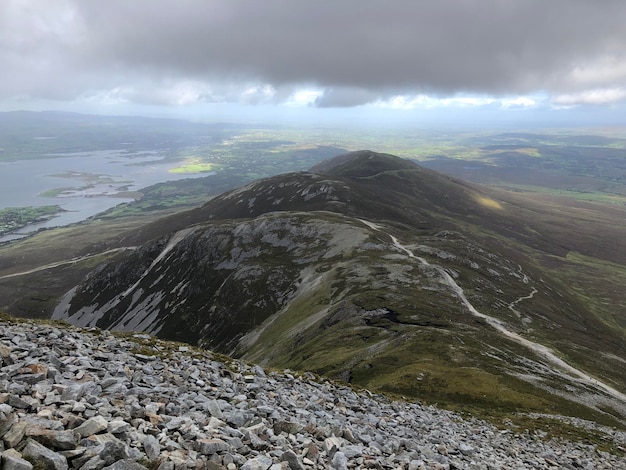 Vista panoramica mozzafiato da Croagh Patrick 'the Reek', Mayo, Irlanda, il miglior scenario irlandese