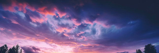 Vista panoramica mozzafiato di un cielo rosa e viola al tramonto IA generativa