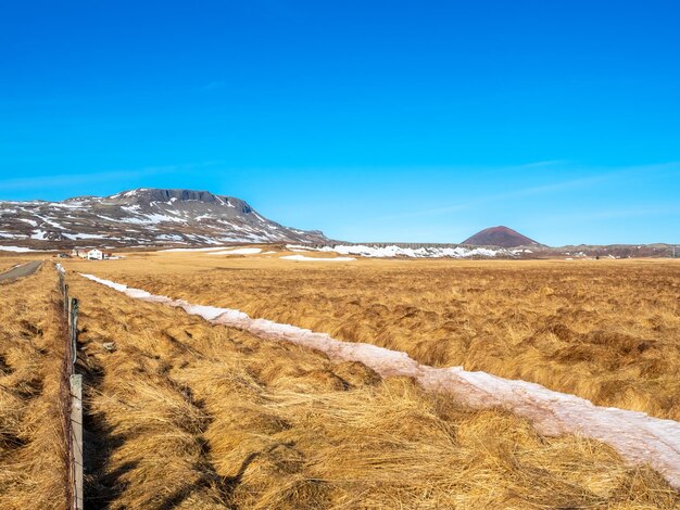 Vista panoramica naturale delle montagne e del campo nella stagione invernale in Islanda