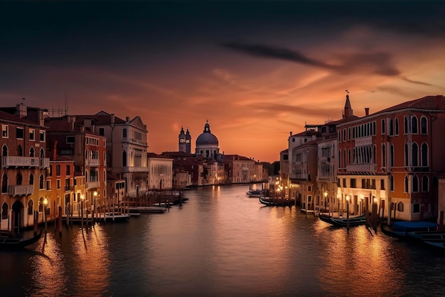 Vista panoramica notturna a Venezia, in Italia, creata con IA generativa