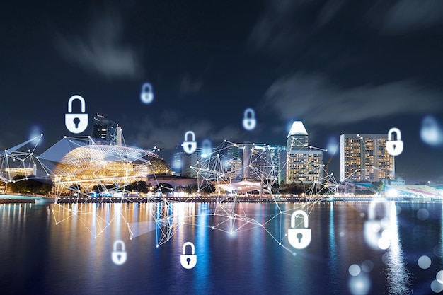 Vista panoramica notturna della città di Singapore Asia Il concetto di sicurezza informatica per proteggere le aziende Doppia esposizione