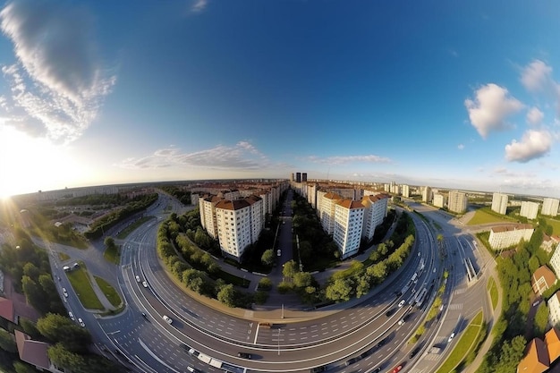 vista panoramica sferica aerea senza soluzione di continuità hdri sopra l'incrocio stradale con il traffico in città con vista su