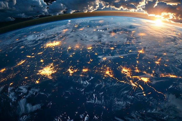 Vista panoramica sul pianeta Terra globo dallo spazio luci della città luminose nuvole leggere