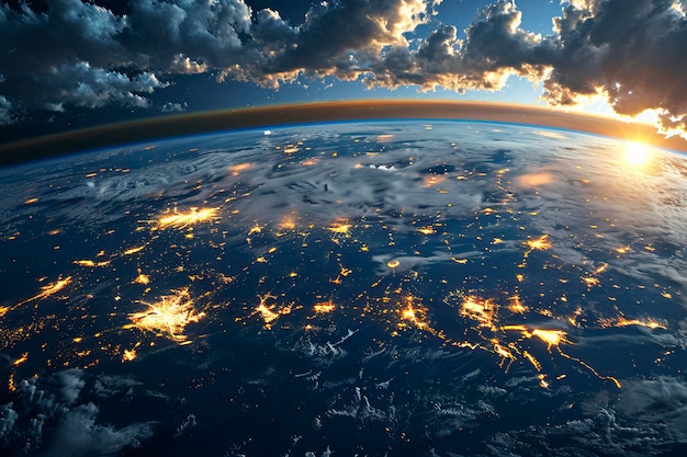 Vista panoramica sul pianeta Terra globo dallo spazio luci della città luminose nuvole leggere