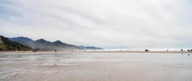 Vista panoramica sulla spiaggia di cannone in oregon usa con gente che cammina, panorama sulla spiaggia.