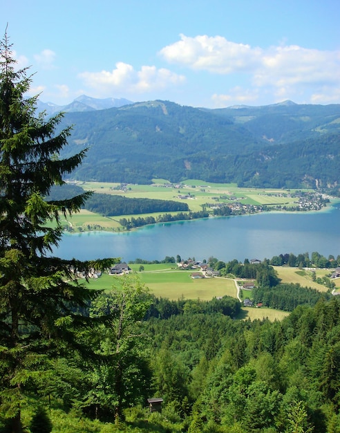 Vista panoramica sulle montagne e sul lago nella giornata di sole Austria