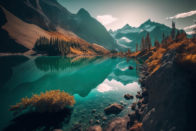 Vista pittoresca di un tranquillo lago e montagna