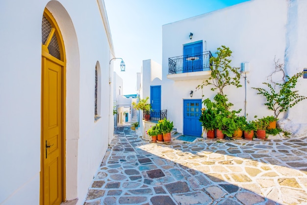 Vista pittoresca sulla strada in una giornata di sole del tipico vicolo della Grecia con case imbiancate a calce