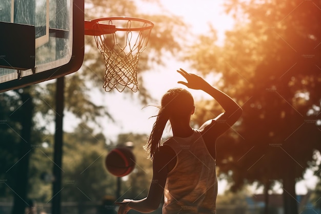 Vista posteriore a livello del suolo di una giocatrice di basket anonima che lancia la palla nel cerchio sul campo sportivo in una giornata di sole