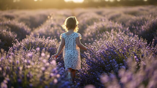 Vista posteriore cinematografica di un bambino su un campo di lavanda IA generativa