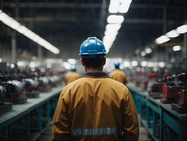 Vista posteriore degli operai maschi in fabbrica