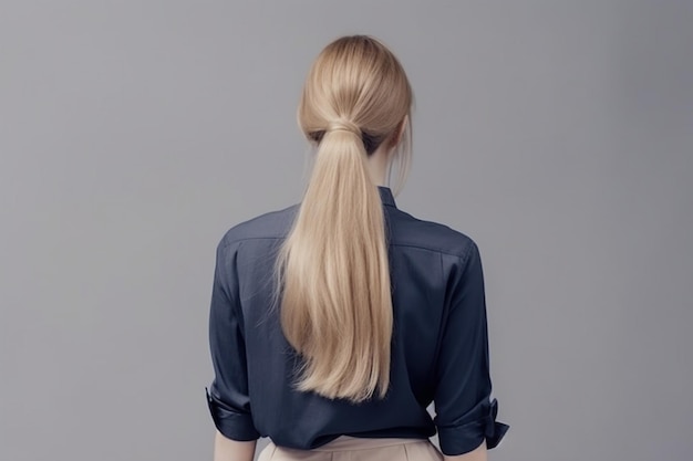 vista posteriore dei capelli dalla parte posteriore di una donna figura di una ragazza isolata su uno sfondo grigio brillante