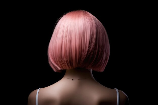 Vista posteriore dei capelli lisci corti rosa su sfondo nero IA generativa