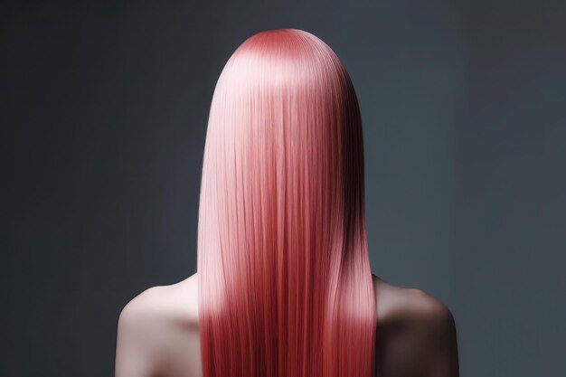Vista posteriore dei capelli lisci rosa di media lunghezza su sfondo bianco IA generativa