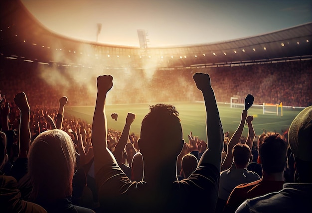 Vista posteriore dei tifosi di calcio che incoraggiano lo stadio della loro squadra la sera Genera ai