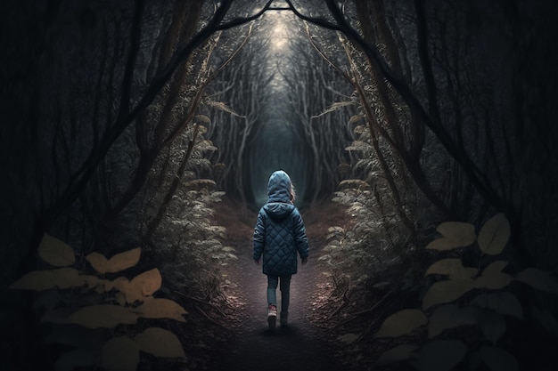 Vista posteriore del bambino solitario spaventato perso nel cappuccio nella foresta spaventosa oscura Illustrazione generativa ai