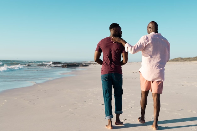 Vista posteriore del figlio adulto afroamericano di metà età con il padre anziano che cammina sulla spiaggia contro il cielo limpido. Copia spazio, inalterato, famiglia, insieme, natura, vacanze, pensione, divertimento ed estate.