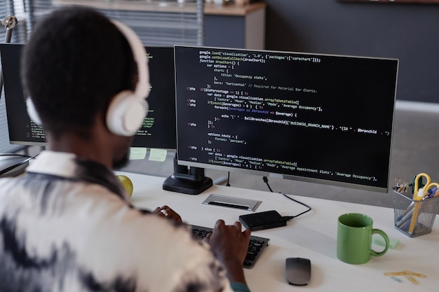 Vista posteriore del programmatore in cuffia che digita codici sul computer mentre lavora nell'ufficio IT