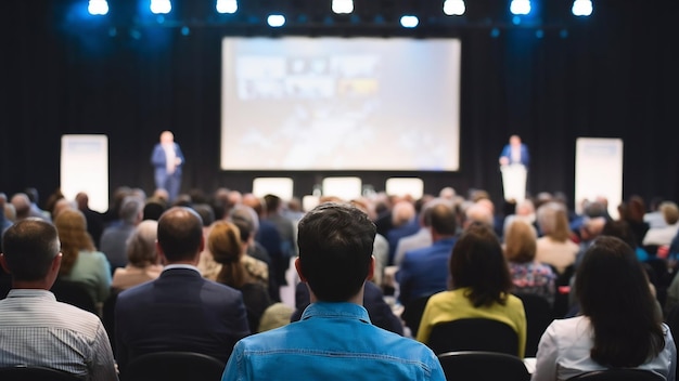 Vista posteriore del pubblico che ascolta gli oratori sul palco nella sala conferenze o nella riunione di seminario