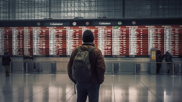 Vista posteriore dell'uomo con cappello con uno zaino sullo sfondo di un grande tabellone segnapunti elettronico all'aeroporto o alla stazione degli autobus