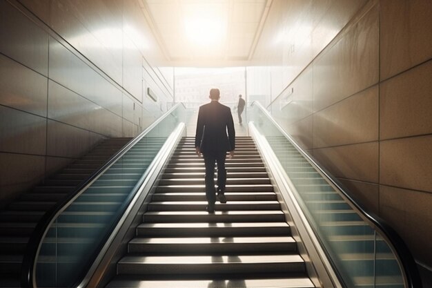 vista posteriore dell'uomo d'affari pedonale che esce dalla metropolitana su per le scale nella mattinata di sole