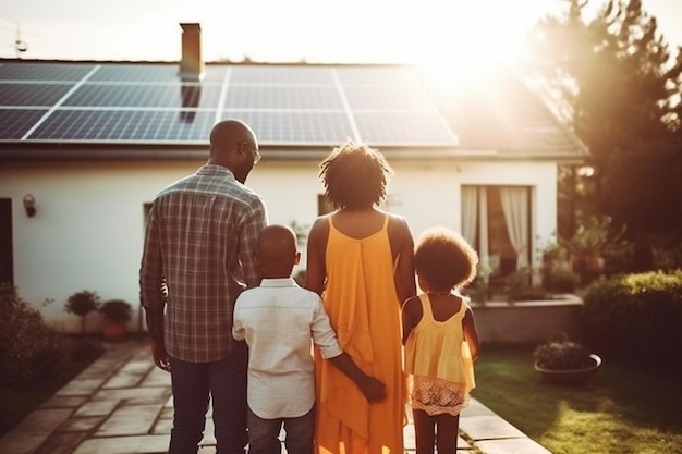 Vista posteriore della casa anteriore della famiglia afroamericana con pannelli solari IA generativa