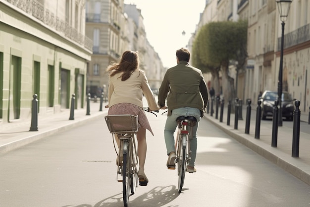 vista posteriore della coppia che gode di un giro in bicicletta in città