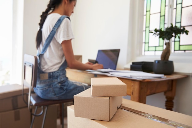 Vista posteriore della donna che gestisce affari da casa che spedisce merci