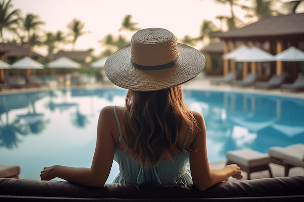 Vista posteriore della donna che indossa cappello da spiaggia seduto sulla sedia a sdraio Luogo di relax per le vacanze
