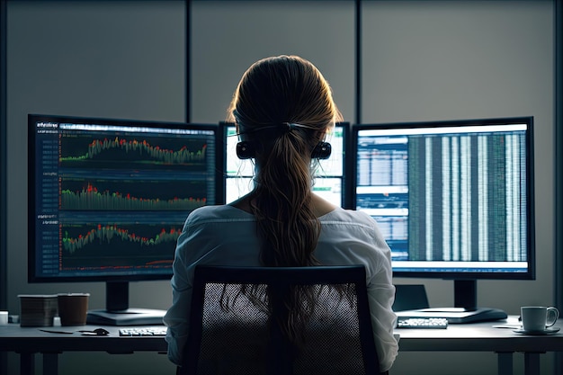 Vista posteriore della donna d'affari che lavora di notte grafico sullo sfondo dei monitor con l'intelligenza artificiale generativa