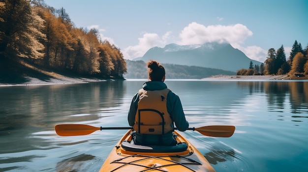 Vista posteriore della donna in sella a kayak in corrente con sfondo di un bellissimo paesaggio