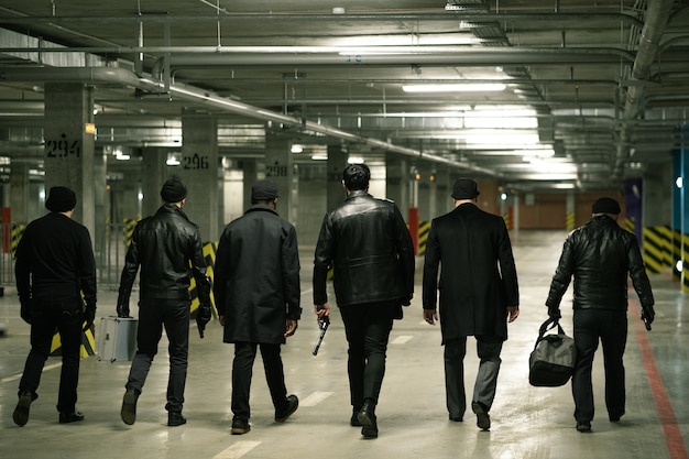 Vista posteriore della fila di gangster con pistole e borse che si muovono lungo l'area di parcheggio per incontrare qualcuno per passare i soldi