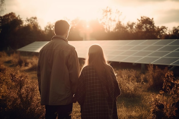 Vista posteriore della giovane coppia davanti ai pannelli solari nel campo del tramonto IA generativa