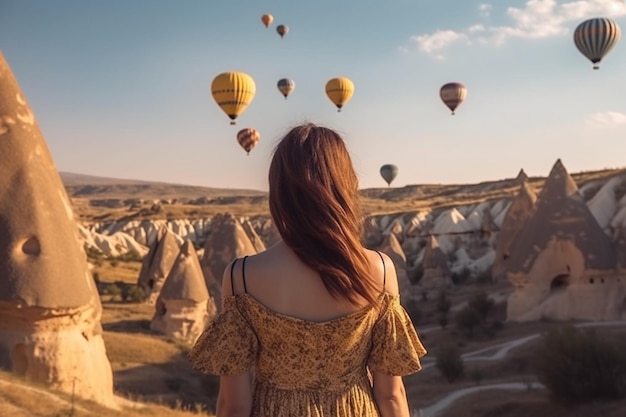 vista posteriore della giovane donna ammirare uno scenario di mongolfiere che sorvolano Love Valley con formato rock