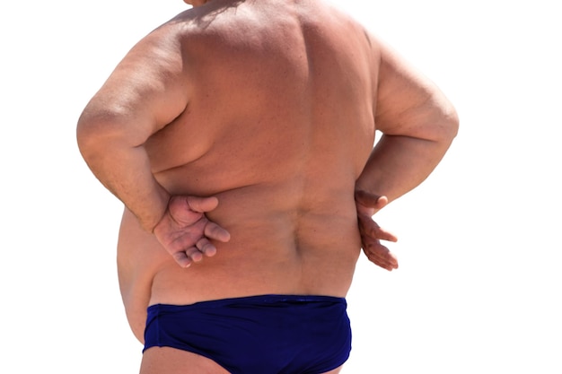 Vista posteriore della persona grassa Uomo obeso isolato Grave pericolo per la salute Alto rischio di infarto