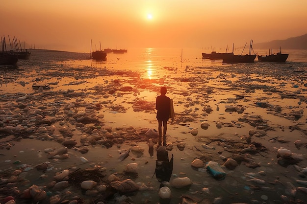 vista posteriore della ragazza eco volontaria in piedi tra i rifiuti di plastica in riva al mare oceano al tramonto Ecologico