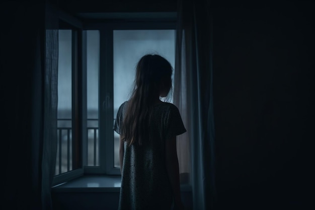 vista posteriore della ragazza solitaria in piedi al buio dietro la finestra che guarda
